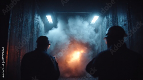 Firefighters Observing Fire and Smoke in a Dark Room Lit by Fluorescent Lights