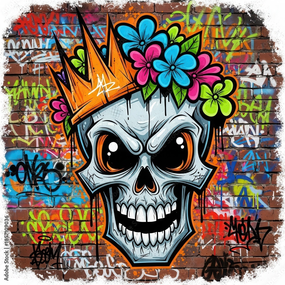 Obraz premium Stylized skull illustration wearing a crown and adorned with bright flowers against a backdrop of graffiti-covered brickwork