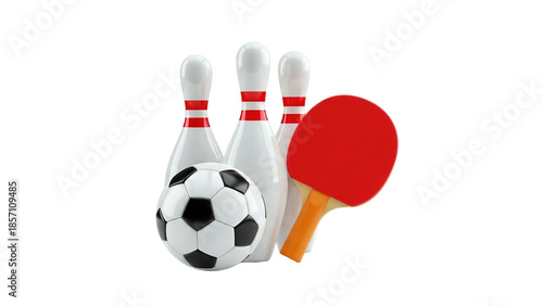 3D Sports Equipment: Soccer Ball, Bowling Pins, and Ping Pong Paddle on transparent background