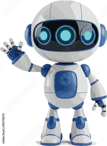 Friendly futuristic robot waving hand illustration, cute AI assistant character for robotics, automation, technology innovation, chatbot interaction, and modern digital service concepts