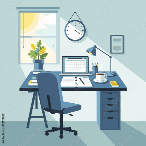 Modern Home Office Desk with Laptop, Coffee, Plant, and Natural Light