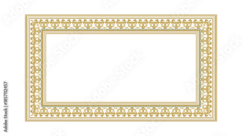 An empty antique gold picture frame with an ornate carved border features a vintage aged design for a blank gallery painting isolated on a white background