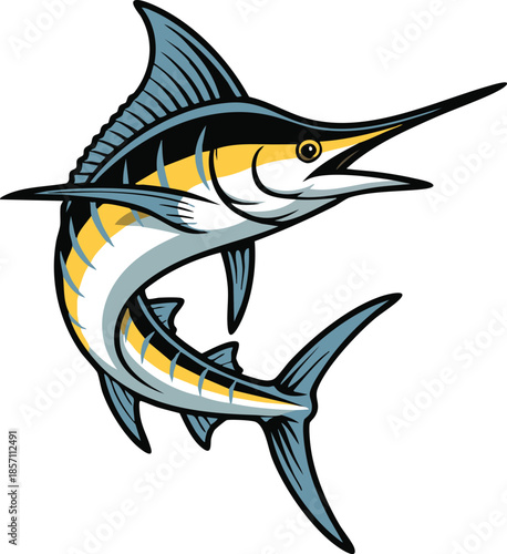 The Great Blue Marlin King of the Deep, Blue and Gold Billfish, Marlin in Motion, Saltwater Strike, Ocean Predator, silhouette, illustration, vector