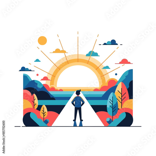 Person gazing at sunrise landscape, symbolizing hope, new beginnings, and future.