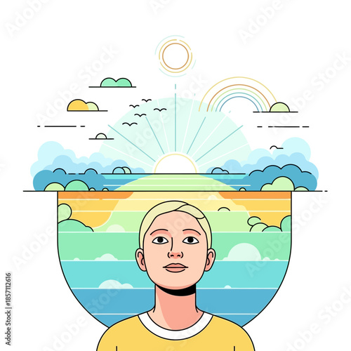Person With Inner World Landscape, Hopeful Sunrise, Rainbow, And Birds - Conceptual Illustration