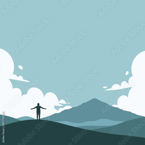Silhouette Man Embracing Nature on Mountain Top with Clouds and Peaks