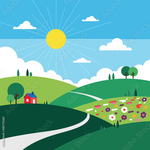 Vibrant Countryside Landscape with Sunny Sky, Rolling Hills, and Flower Field