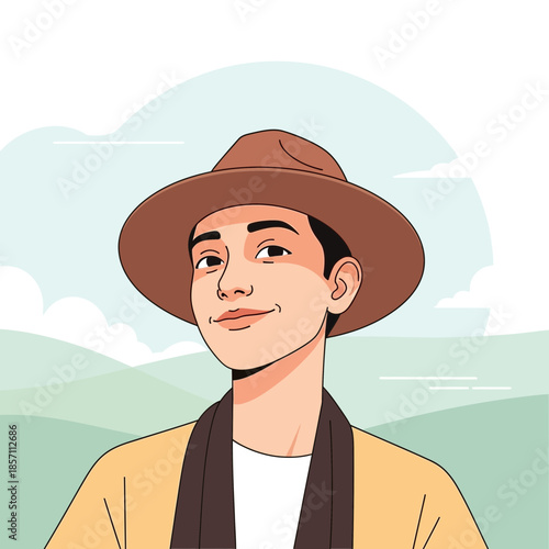 Young man wearing a hat and jacket, smiling outdoors with scenic hills and clouds in background.