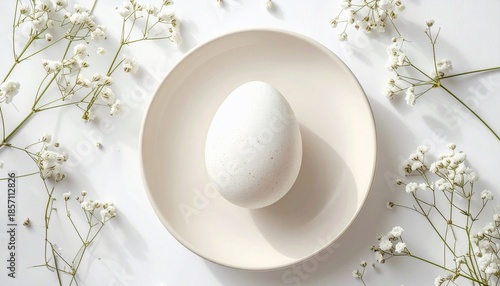 A single white egg rests on a plate surrounded by delicate white flowers, all on a white surface