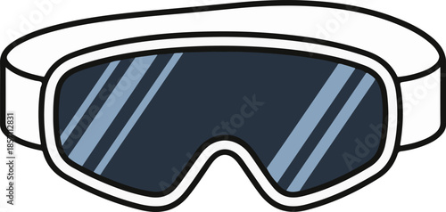 A flat vector illustration of winter sports goggles featuring a white frame, a wide elastic strap, and a dark blue tinted lens with stylized diagonal light reflections.