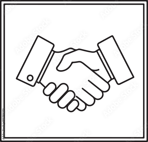 A minimalist black and white line art vector showing two hands engaged in a firm handshake within a square border, symbolizing a business deal, agreement, or partnership.