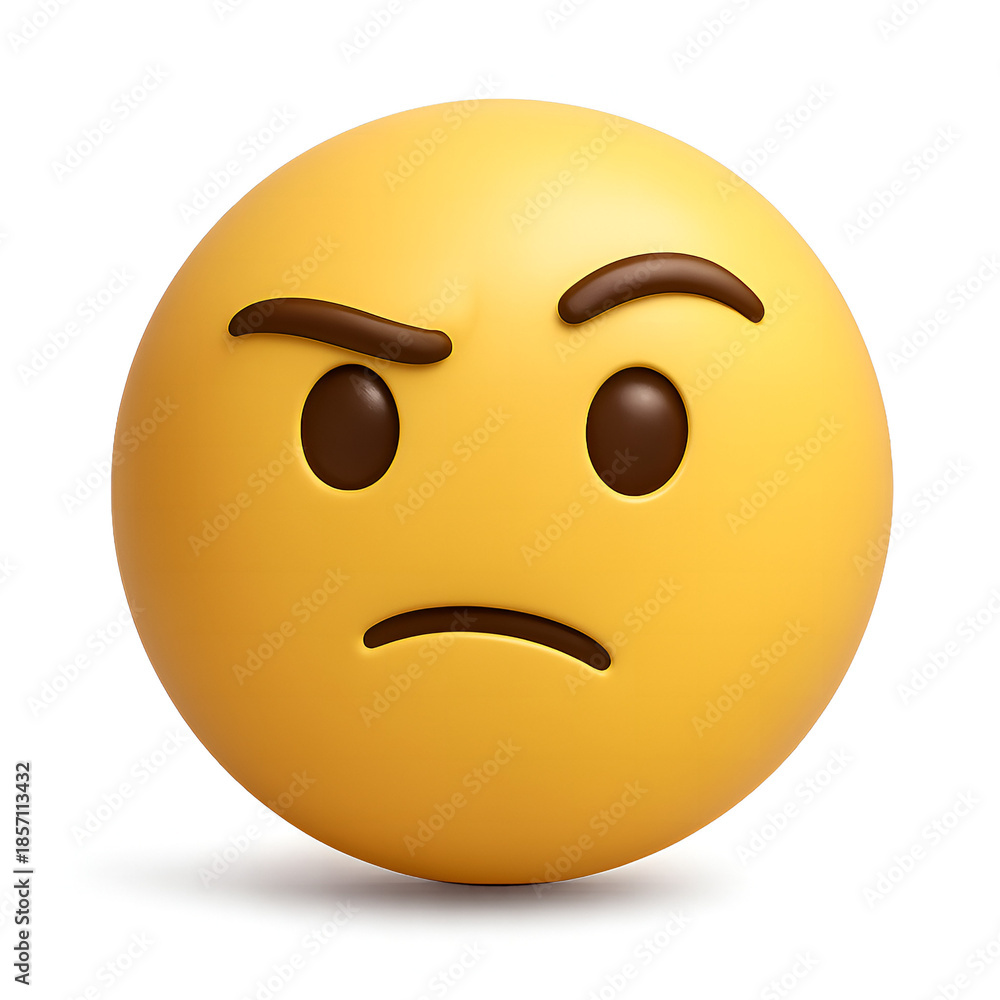 Fototapeta premium Contemplative yellow emoji with furrowed brow conveying skepticism or disapproval, isolated on white