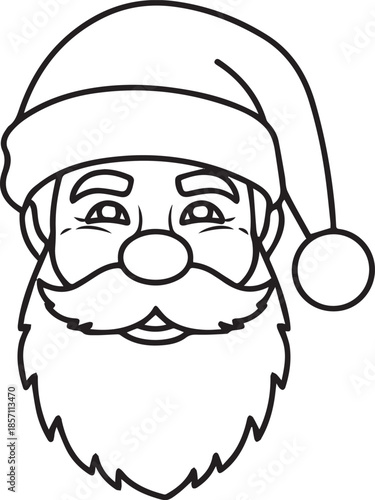 A black and white line art vector of Santa Claus's head featuring a friendly, smiling expression with squinted eyes, a full beard, mustache, and a classic pom-pom holiday hat.