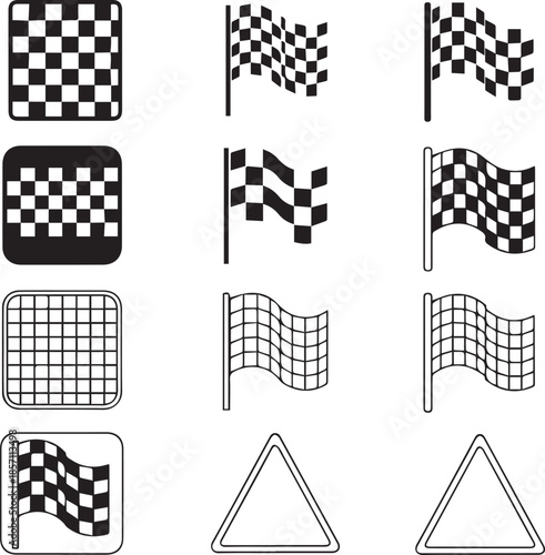 A comprehensive vector set of racing-themed icons, featuring various checkered flag designs in solid and outline styles, along with square patterns and triangular warning symbols.
