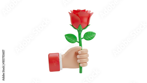 3D Hand Holding Red Rose on transparent background