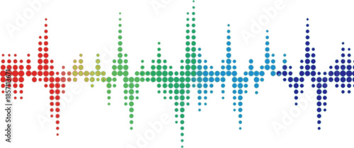 Multi colored halftone pattern from red, green, blue dots. Modern design rhythm of heart. Spectrum of sound wave, audio waveform. Abstract dotted ornament isolated on white background.
