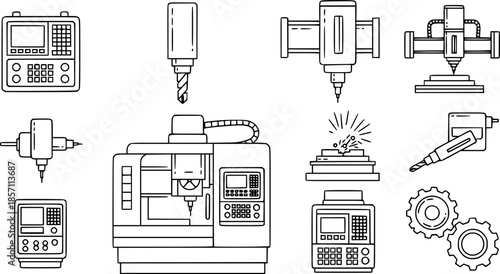 Cnc machine icons set outline vector. Mill controller. Industrial tool
