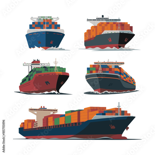 Five cargo container ships sailing on water flat illustration transport logistics
