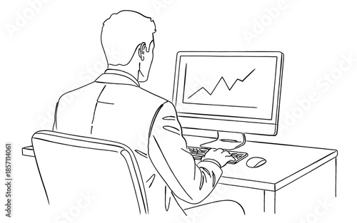 パソコン作業をするビジネスマンの後ろ姿の線画｜仕事と成果のイメージ