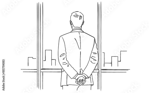 窓の外を見つめるビジネスマンの後ろ姿の線画｜決断と未来のコンセプト