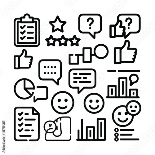 Collection of black outline icons for feedback and analytics survey rating