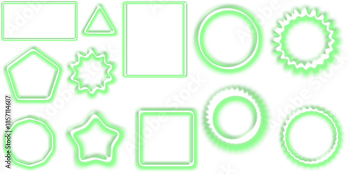 Assortment of bright green glowing outline shapes, including basic geometry and decorative forms with a neon effect.