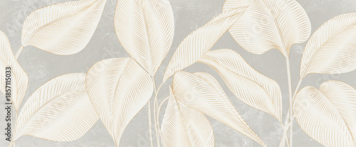 Abstract botanical art background with large, hand-drawn tropical leaves in line style. A natural botanical banner for decor, wallpaper, packaging, prints, textiles, and interiors.