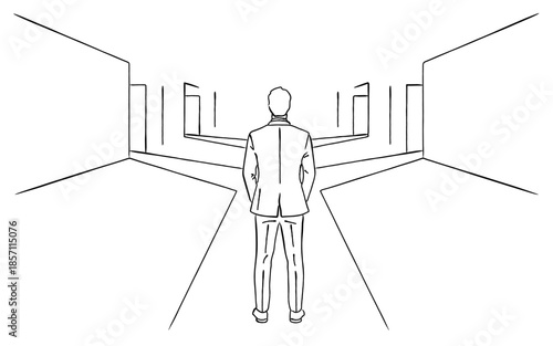 分岐点に立つビジネスマンの後ろ姿の線画｜選択と決断のコンセプト