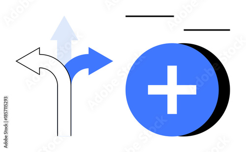 Decision-making visual. Arrows choice and direction, while the plus symbol suggests growth or addition. Decision-making in business strategy, planning, growth, innovation, education