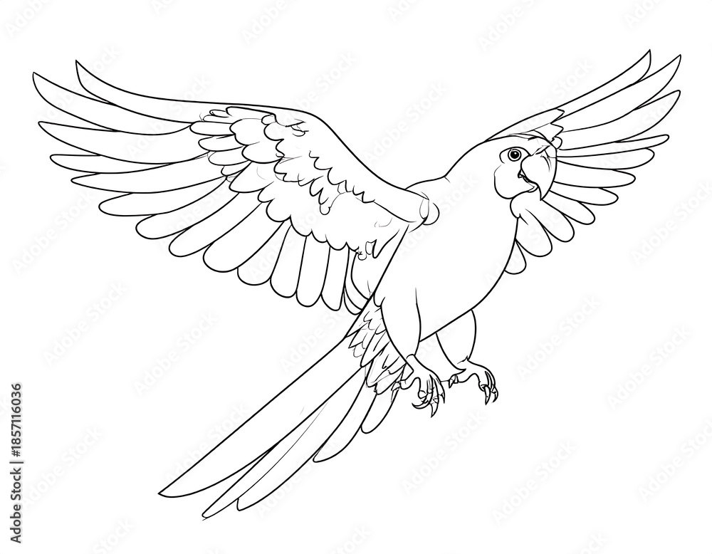 Obraz premium Line drawing of a parrot in flight, wings outstretched, displaying detailed feathers and a keen eye. The style is illustrative