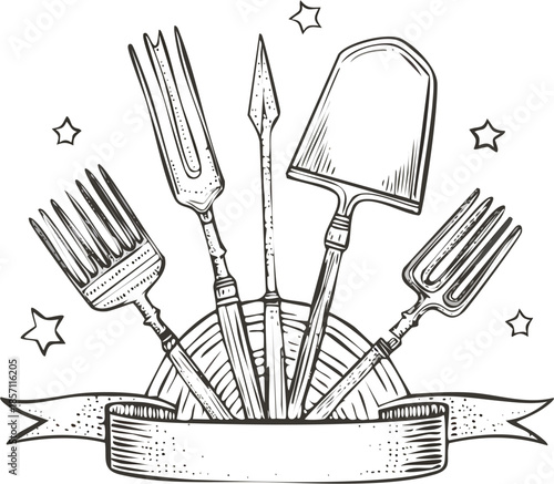 Hand drawn vector line art engraving of traditional farm tools