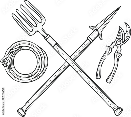 Hand drawn vector line art engraving of traditional farm tools, agriculture equipment object