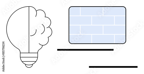 Lightbulb with cloud inside next to a brick wall, contrasting creativity and challenges. Ideal for innovation, brainstorming, problem-solving, abstract thinking, growth, inspiration minimalism. A