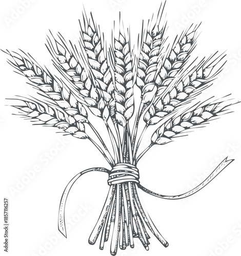 Hand drawn vector line art engraving of a wheat sheaf tied together, agriculture crop object