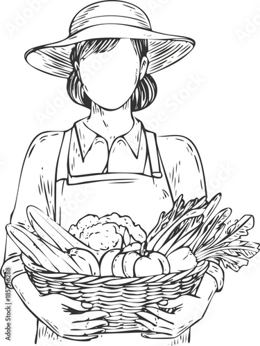 Hand drawn vector line art engraving of a farmer harvesting vegetables into a basket