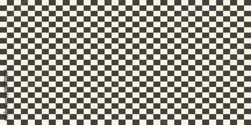 Trippy checkerboard background. Retro psychedelic checkered wallpaper. Wavy groovy chessboard surface. Distorted geometric pattern. Abstract monochrome vector backdrop