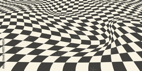 Trippy checkerboard background. Retro psychedelic checkered wallpaper. Wavy groovy chessboard surface. Distorted geometric pattern. Abstract monochrome vector backdrop