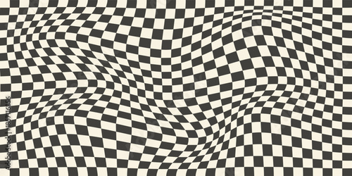 Trippy checkerboard background. Retro psychedelic checkered wallpaper. Wavy groovy chessboard surface. Distorted geometric pattern. Abstract monochrome vector backdrop