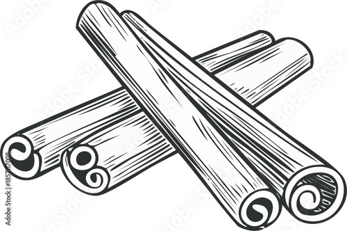 Hand drawn vector line art engraving of cinnamon sticks, spice ingredient, vintage engraving