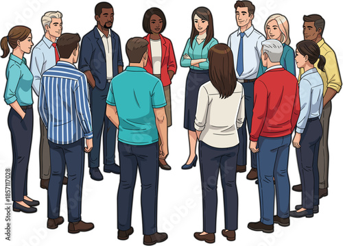 Diverse group of people standing in circle discussion illustration, teamwork communication concept for business meeting, collaboration, inclusion, and modern workplace interaction