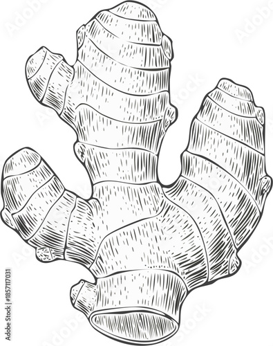 Hand drawn vector line art engraving of ginger root, spice food ingredient, vintage engraving