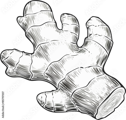 Hand drawn vector line art engraving of ginger root, spice food ingredient