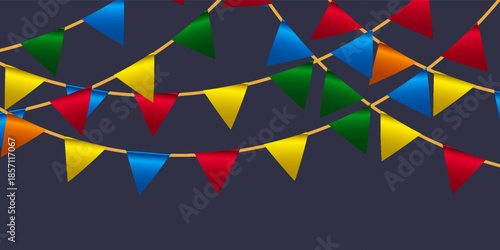Seamless garland with triangle celebration flags chain, white, blue, red pennons on dark background, footer and banner