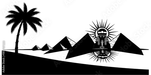 Egyptian Sunset Pyramid and Palm Landscape Silhouette