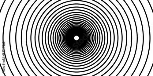 Hypnotic spirals background. Radial optical illusion. Black and white swirl tunnel wallpaper. Horizontal spinning concentric curves. Vortex or whirlpool design for poster, banner, flyer. Vector art