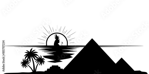 Egyptian Sunset Pyramid and Palm Landscape Silhouette