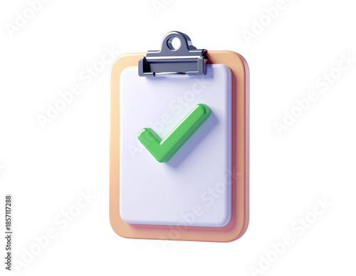 Vibrant 3D rendered clipboard with a prominent green checkmark on a white paper, symbolizing successful task completion and approval concept graphic element png