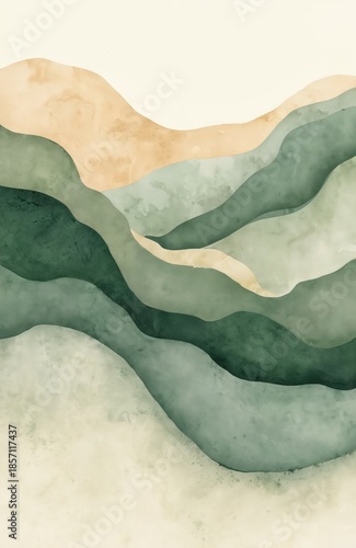 Abstract wavy layers in green and beige tones resemble rolling hills or flowing water. This modern watercolor art offers a calming, naturalistic texture for interior design projects and wall decor.