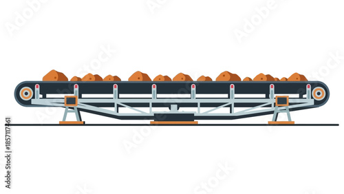 Industrial conveyor belt system transporting bulk materials like sand, gravel, or ore, isolated flat illustration