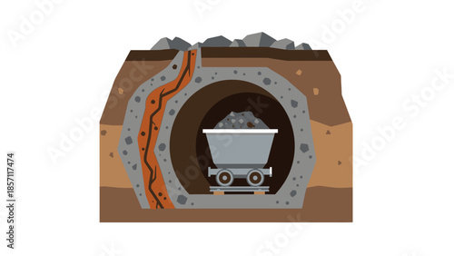 Illustration of a mine cart carrying coal in a tunnel